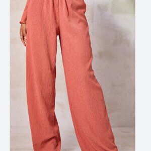 Pretty Little Thing Dusty Rose Crinkle Textured Button Front Wide Leg Pants Sz 2
